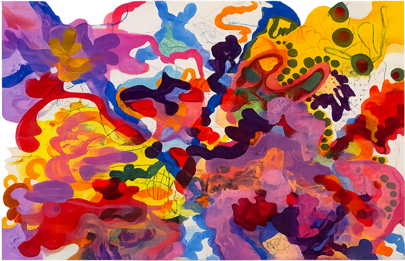 Colorful abstract painting with red, yellow, violet, blue, and green organic forms on a pale ground.